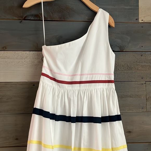 J Crew One Shoulder Ribbon Striped Summer Dress Midi White Sz 2 - Picture 8 of 15